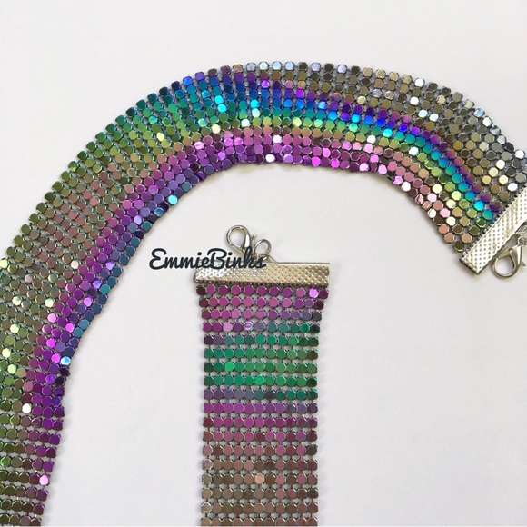 ✨3for$38 New 2 Piece Oil Slick Holographic Metallic Mesh Choker & Bracelet Set - Picture 7 of 15